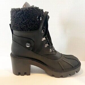 Steve Madden Boots Northern Winter Faux Fur Trim Lug Soles Black Women Size 8.5
